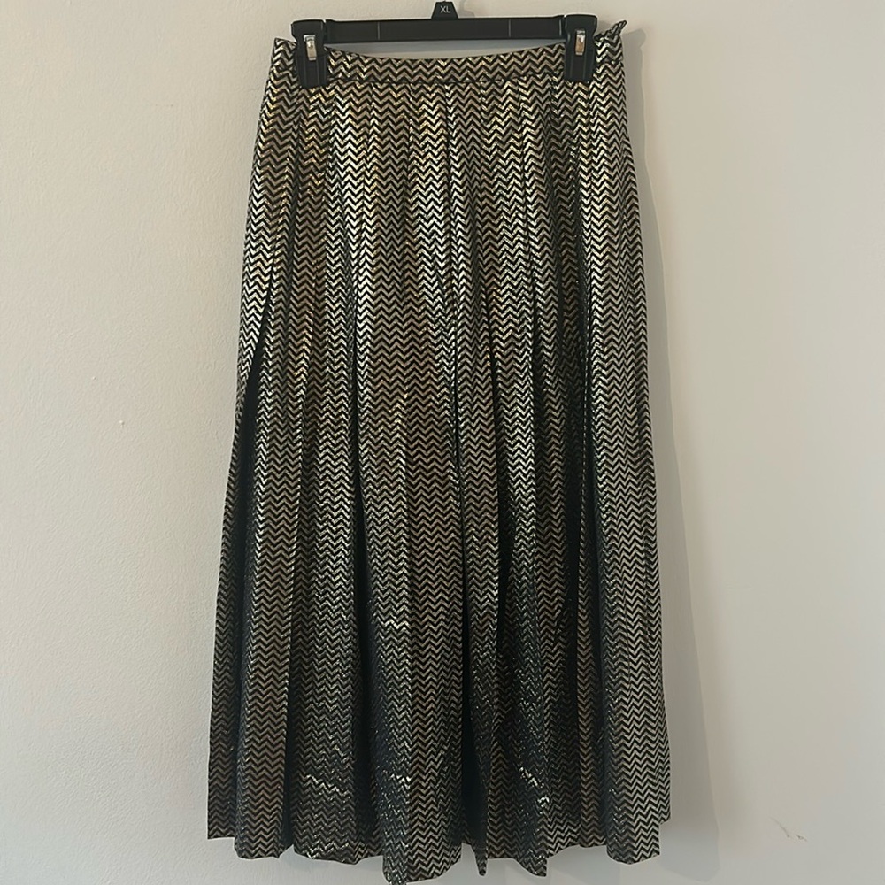 Vintage Black Gold Zip Zag Pattern Metallic Pleated Midi Skirt Size 10